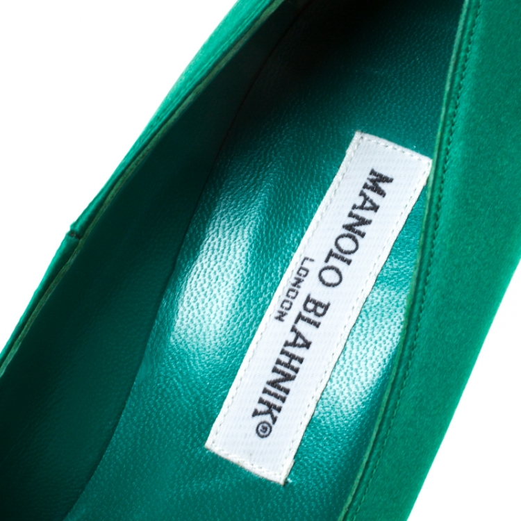 Pre Owned Manolo Blahnik Green Satin Eufrasia Pointed Toe Pumps Size 39.5