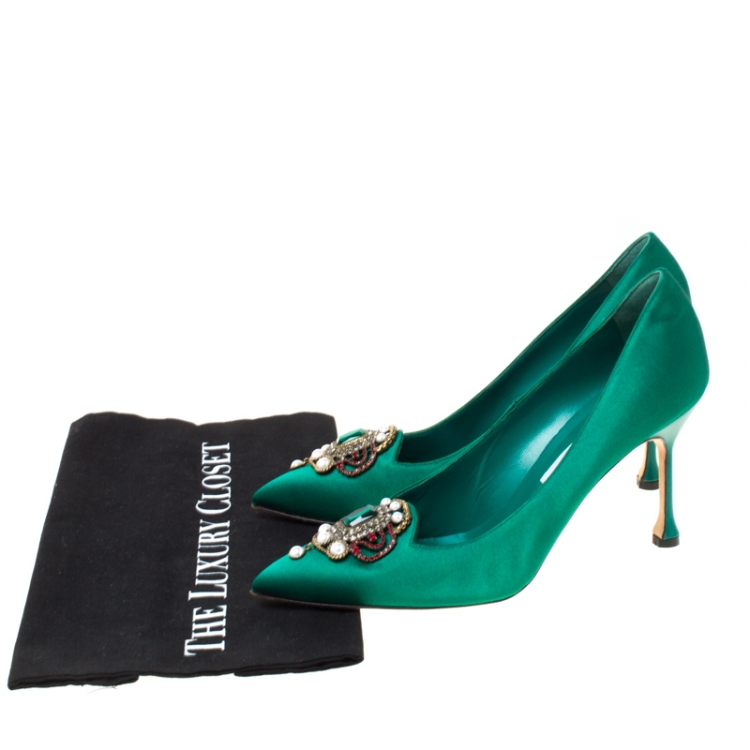 Pre Owned Manolo Blahnik Green Satin Eufrasia Pointed Toe Pumps Size 39.5