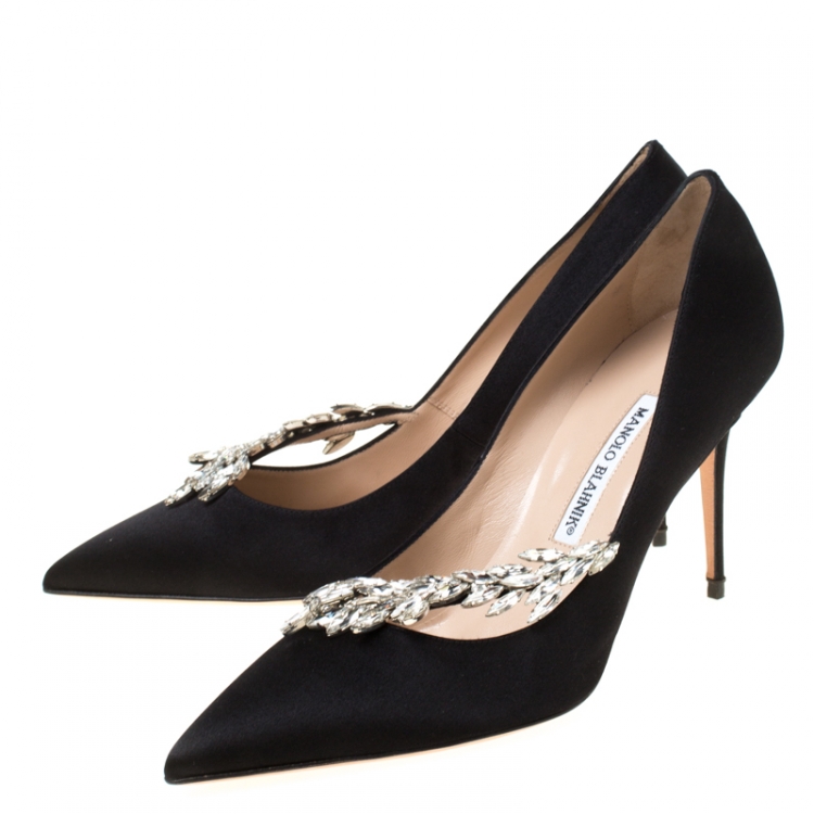 Pre Owned Manolo Blahnik Black Satin Embellished Nadira Pumps Size 40