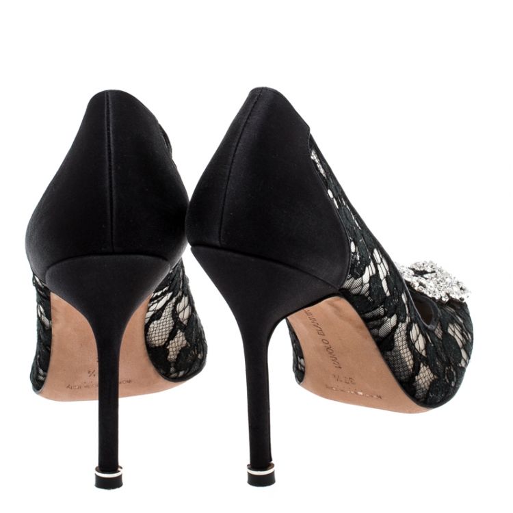 مملوكة مسبقًا Manolo Blahnik Black Lace and Satin Hangisi Pointed Toe Pumps Size 37.5