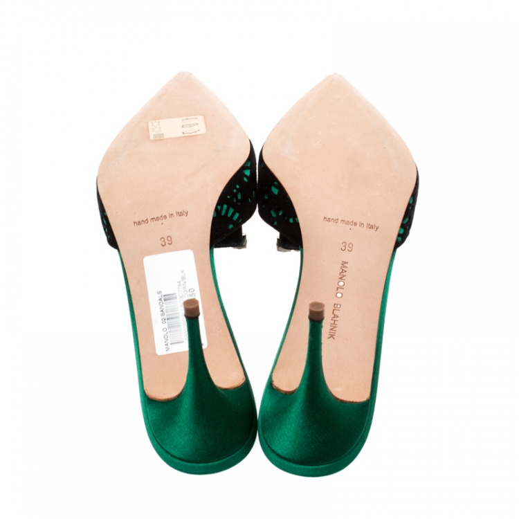 Pre Owned Manolo Blahnik Green/Black Crystal Embellished Satin and Lace Borli Mules Size 39