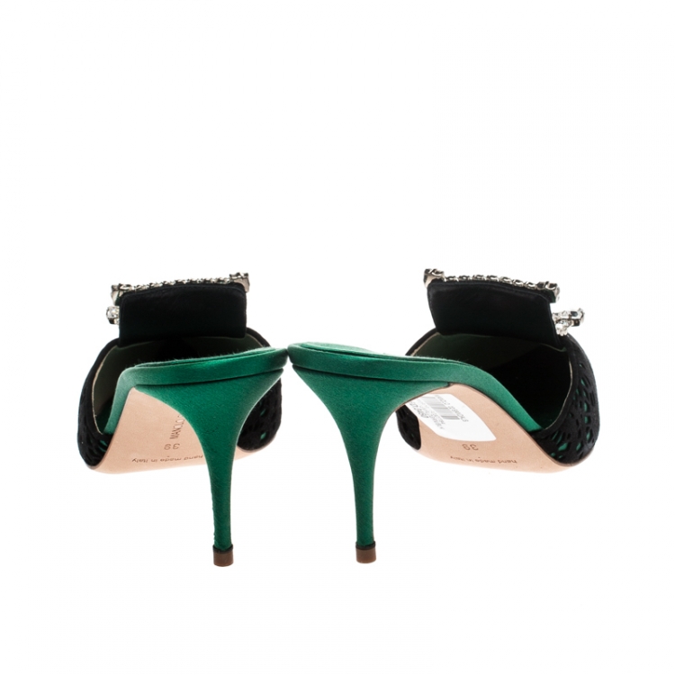 Pre Owned Manolo Blahnik Green/Black Crystal Embellished Satin and Lace Borli Mules Size 39