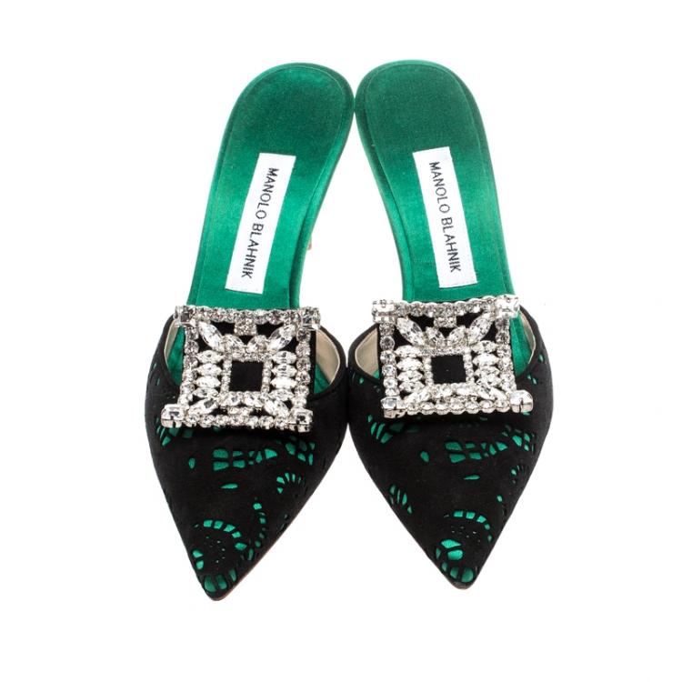 Pre Owned Manolo Blahnik Green/Black Crystal Embellished Satin and Lace Borli Mules Size 39