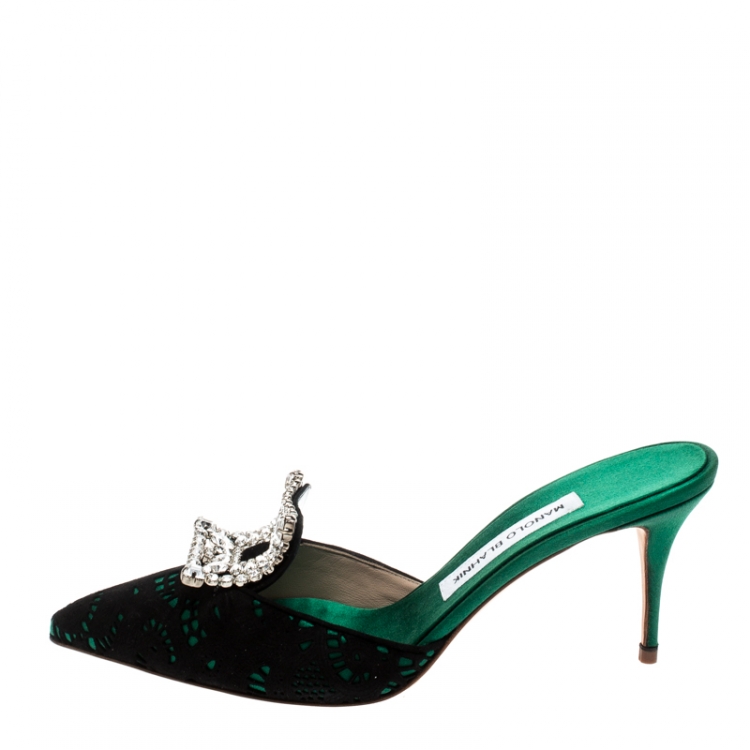 Pre Owned Manolo Blahnik Green/Black Crystal Embellished Satin and Lace Borli Mules Size 39