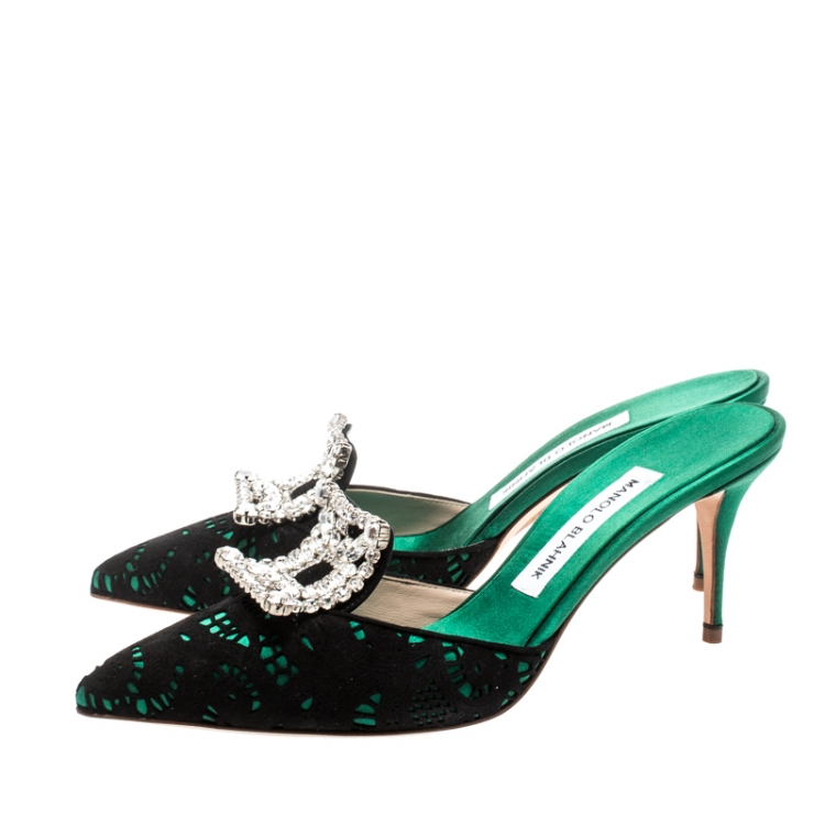Pre Owned Manolo Blahnik Green/Black Crystal Embellished Satin and Lace Borli Mules Size 39