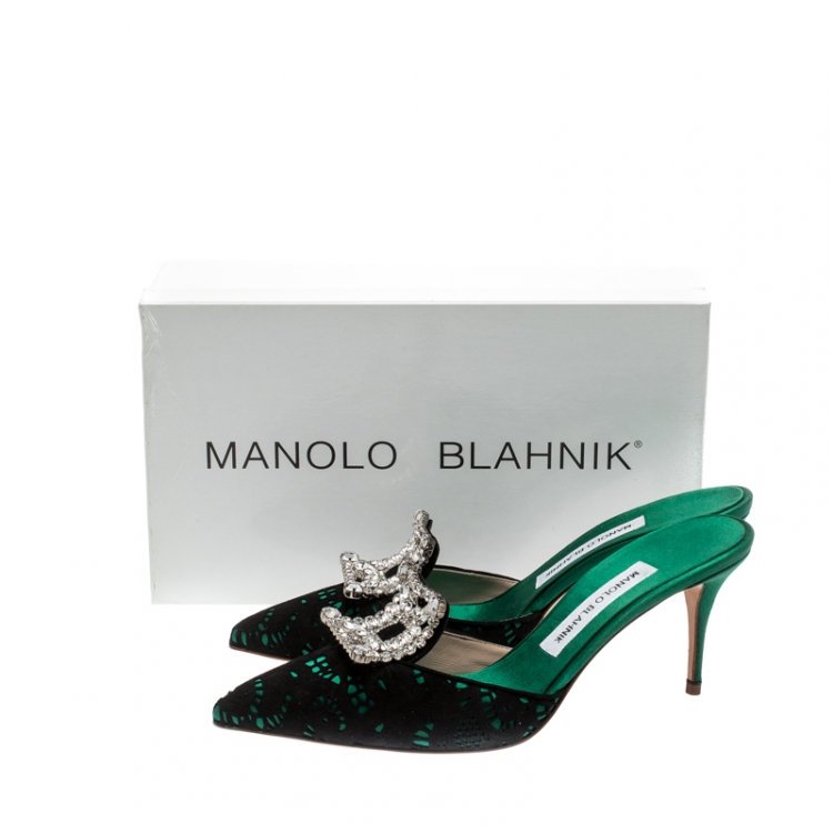 Pre Owned Manolo Blahnik Green/Black Crystal Embellished Satin and Lace Borli Mules Size 39