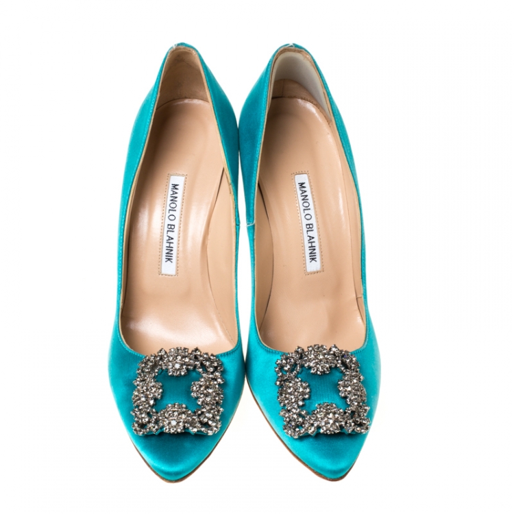Pre Owned  Manolo Blahnik Turquoise Satin Hangisi Jewel Pumps Size 38.5