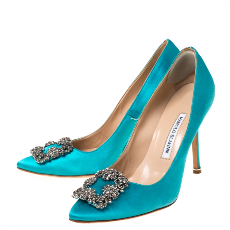 Pre Owned  Manolo Blahnik Turquoise Satin Hangisi Jewel Pumps Size 38.5