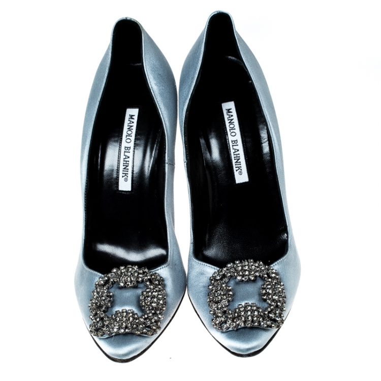 Pre Owned Manolo Blahnik Grey Satin Hangisi Crystal Embellished Pumps Size 37.5