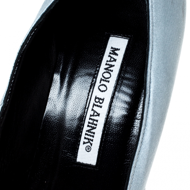 Pre Owned Manolo Blahnik Grey Satin Hangisi Crystal Embellished Pumps Size 37.5