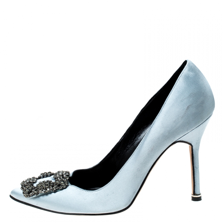 Pre Owned Manolo Blahnik Grey Satin Hangisi Crystal Embellished Pumps Size 37.5