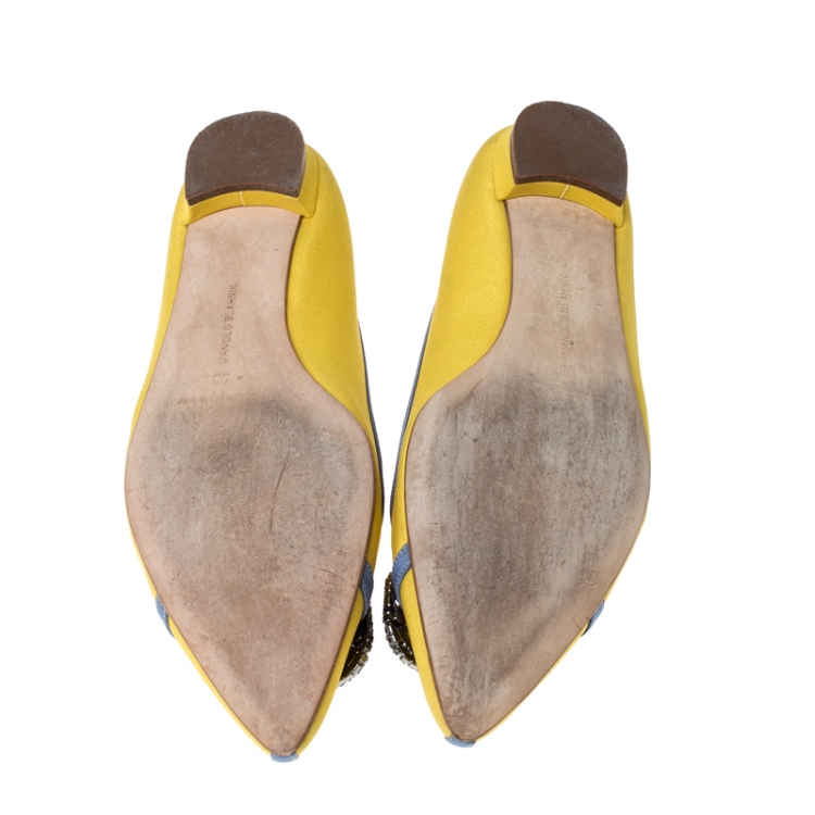 Pre Owned Manolo Blahnik Yellow Satin Gotrian Crystal Embellished Pointed Toe Flats Size 39