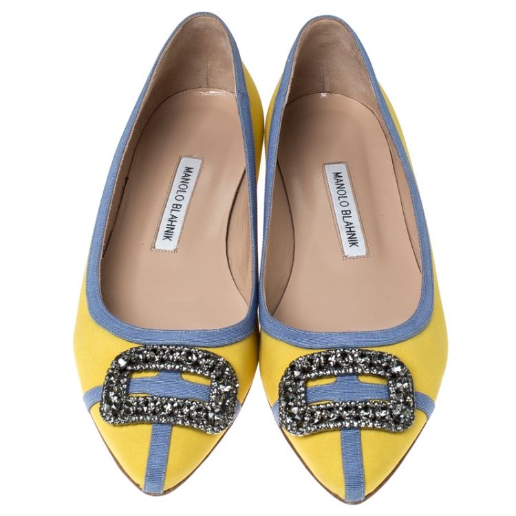 Pre Owned Manolo Blahnik Yellow Satin Gotrian Crystal Embellished Pointed Toe Flats Size 39