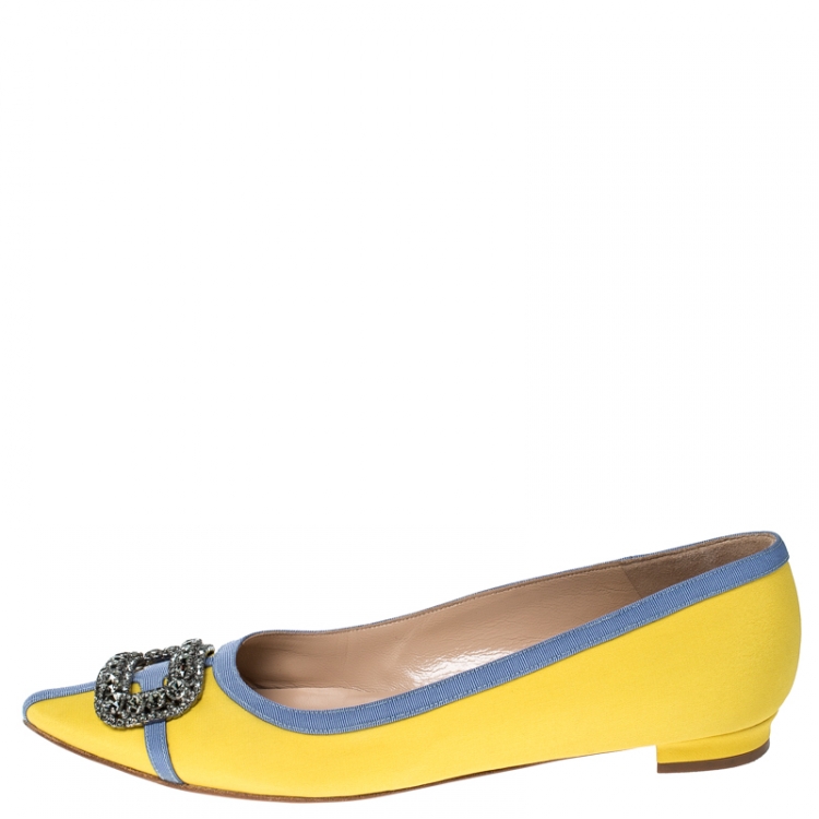 Pre Owned Manolo Blahnik Yellow Satin Gotrian Crystal Embellished Pointed Toe Flats Size 39