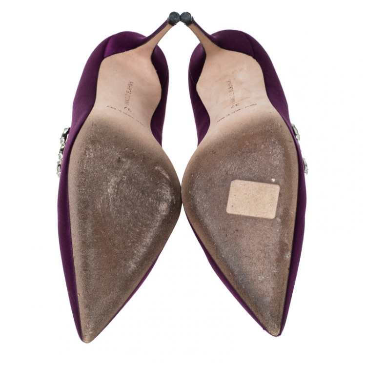 Pre Owned Manolo Blahnik Purple Satin Nadira Crystal Embellished Pointed Toe Pumps Size 37