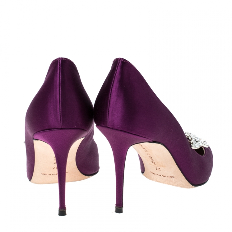 Pre Owned Manolo Blahnik Purple Satin Nadira Crystal Embellished Pointed Toe Pumps Size 37