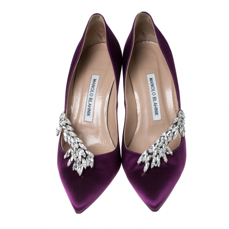 Pre Owned Manolo Blahnik Purple Satin Nadira Crystal Embellished Pointed Toe Pumps Size 37