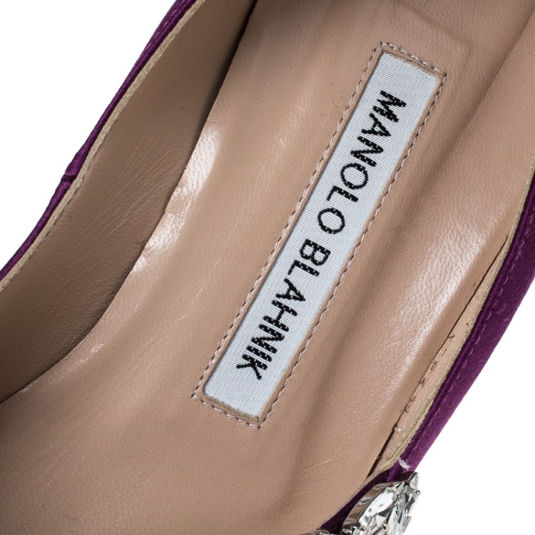 Pre Owned Manolo Blahnik Purple Satin Nadira Crystal Embellished Pointed Toe Pumps Size 37