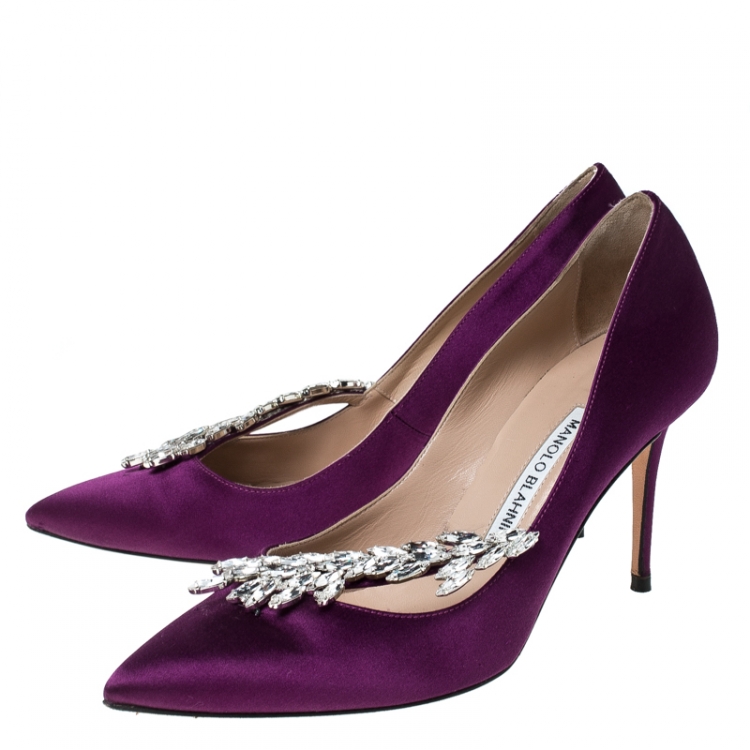 Pre Owned Manolo Blahnik Purple Satin Nadira Crystal Embellished Pointed Toe Pumps Size 37