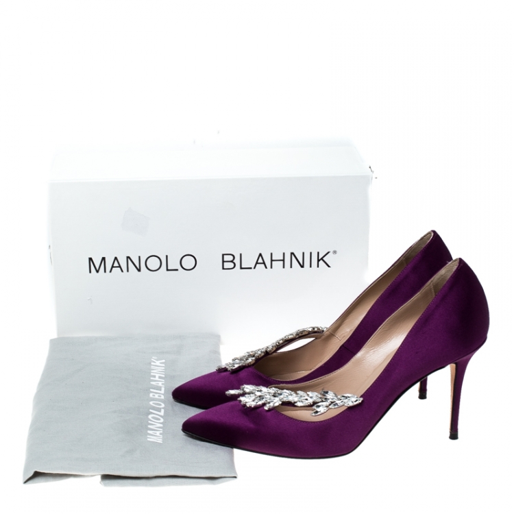 Pre Owned Manolo Blahnik Purple Satin Nadira Crystal Embellished Pointed Toe Pumps Size 37