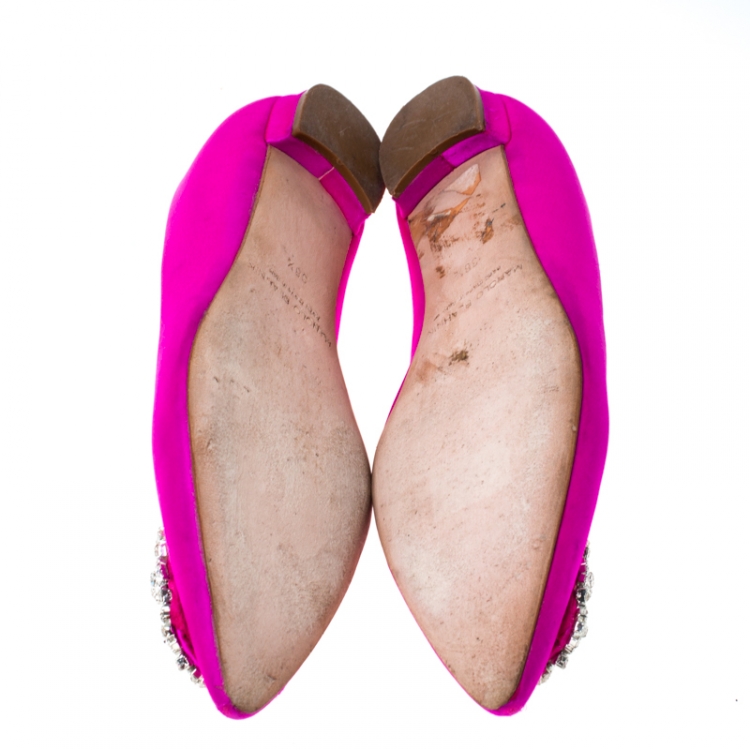 Pre Owned Manolo Blahnik Magenta Satin Hangisi Ballet Flats Size 38.5