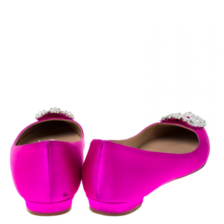 Pre Owned Manolo Blahnik Magenta Satin Hangisi Ballet Flats Size 38.5