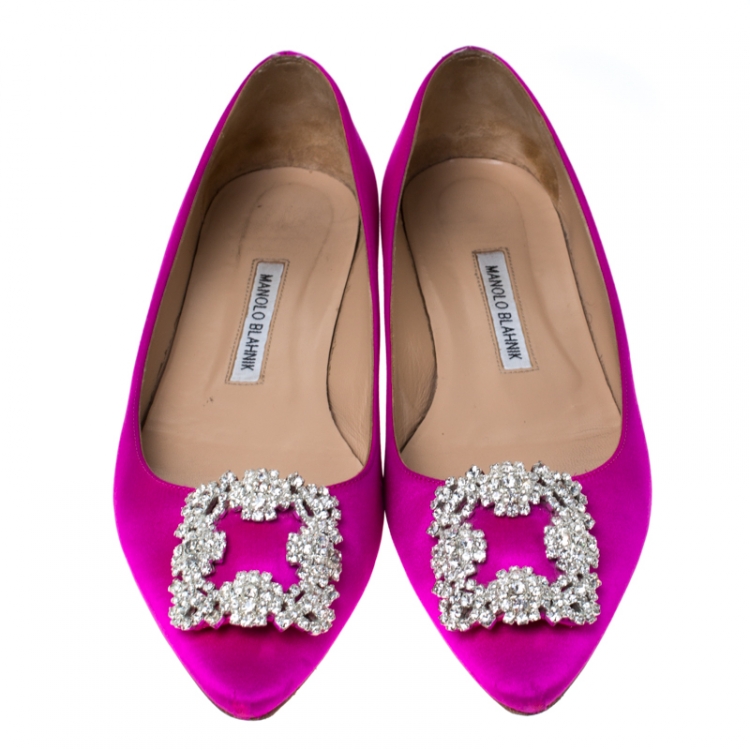 Pre Owned Manolo Blahnik Magenta Satin Hangisi Ballet Flats Size 38.5