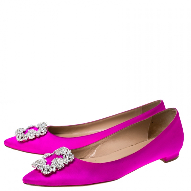 Pre Owned Manolo Blahnik Magenta Satin Hangisi Ballet Flats Size 38.5