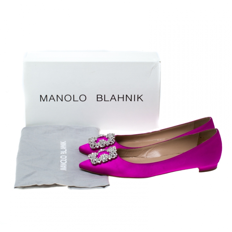 Pre Owned Manolo Blahnik Magenta Satin Hangisi Ballet Flats Size 38.5
