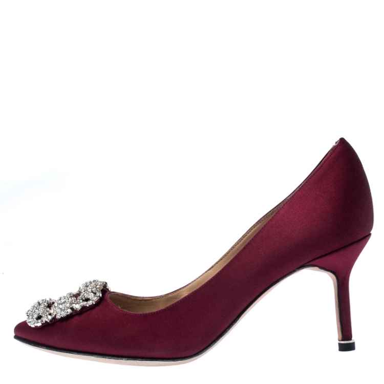 Pre Owned Manolo Blahnik Burgundy Satin Hangisi Crystal Embellished Pointed Toe Pumps Size 37
