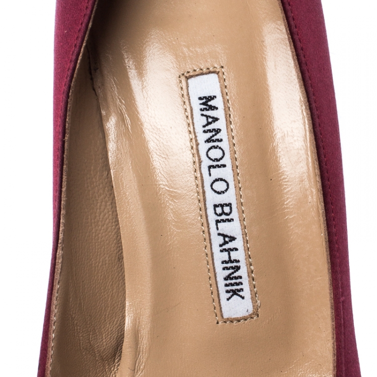 Pre Owned Manolo Blahnik Burgundy Satin Hangisi Crystal Embellished Pointed Toe Pumps Size 37