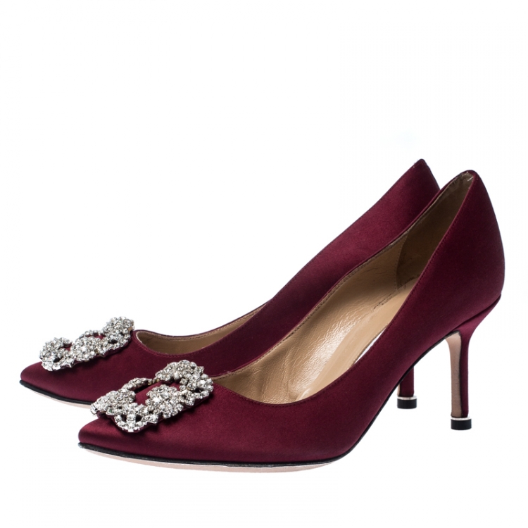 Pre Owned Manolo Blahnik Burgundy Satin Hangisi Crystal Embellished Pointed Toe Pumps Size 37