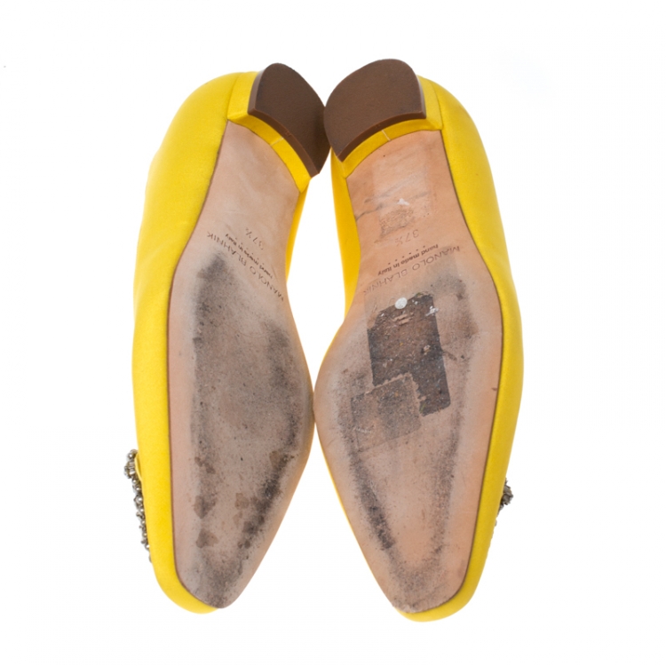 Pre Owned Manolo Blahnik Yellow Satin Crystal Embellished Ballet Flats Size 37.5