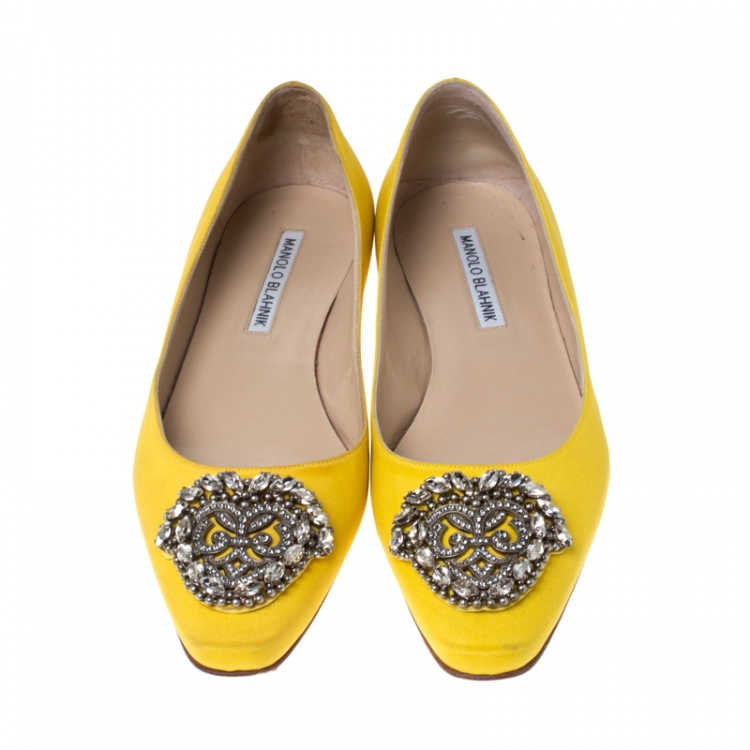 Pre Owned Manolo Blahnik Yellow Satin Crystal Embellished Ballet Flats Size 37.5