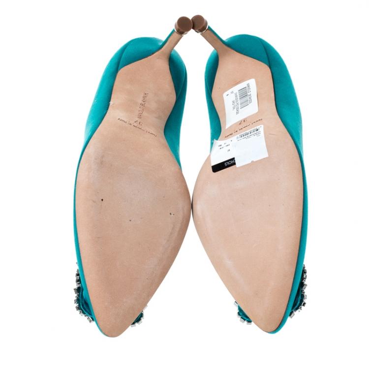 Pre Owned Manolo Blahnik Turquoise Satin Hangisi Crystal Embellished Pointed Toe Pumps Size 37