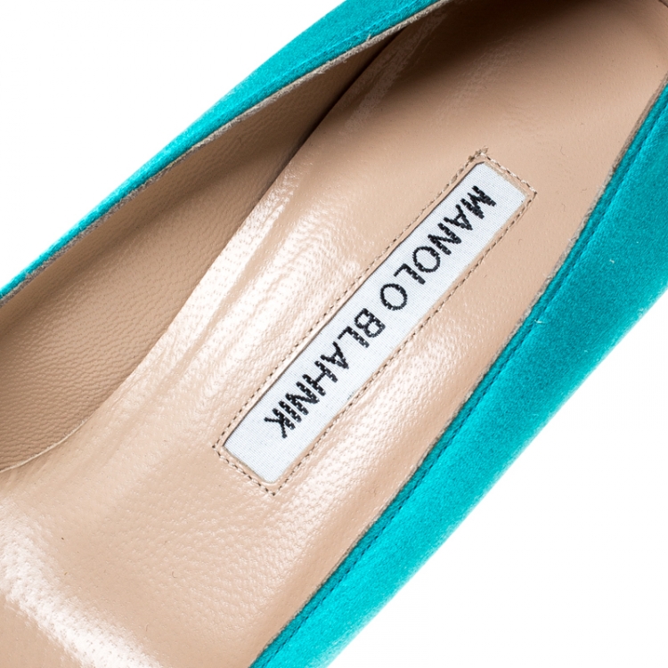 Pre Owned Manolo Blahnik Turquoise Satin Hangisi Crystal Embellished Pointed Toe Pumps Size 37