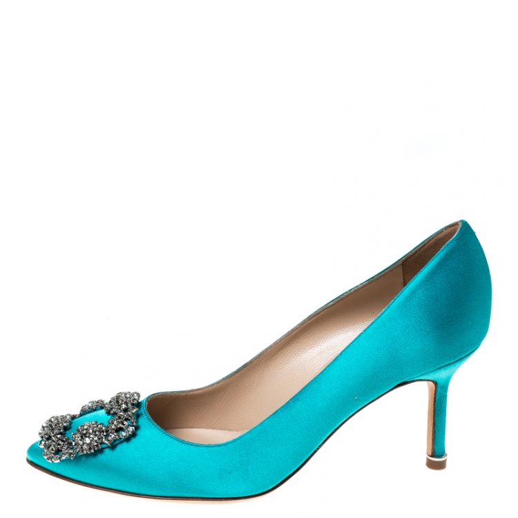 Pre Owned Manolo Blahnik Turquoise Satin Hangisi Crystal Embellished Pointed Toe Pumps Size 37