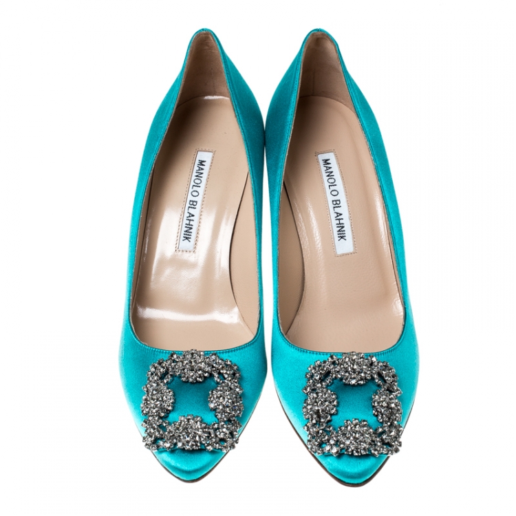 Pre Owned Manolo Blahnik Turquoise Satin Hangisi Crystal Embellished Pointed Toe Pumps Size 37
