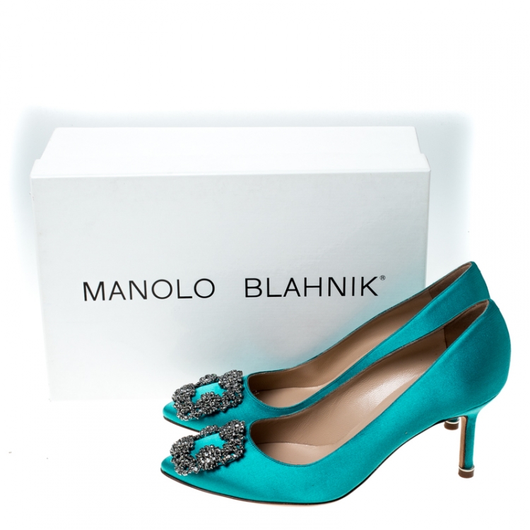 Pre Owned Manolo Blahnik Turquoise Satin Hangisi Crystal Embellished Pointed Toe Pumps Size 37