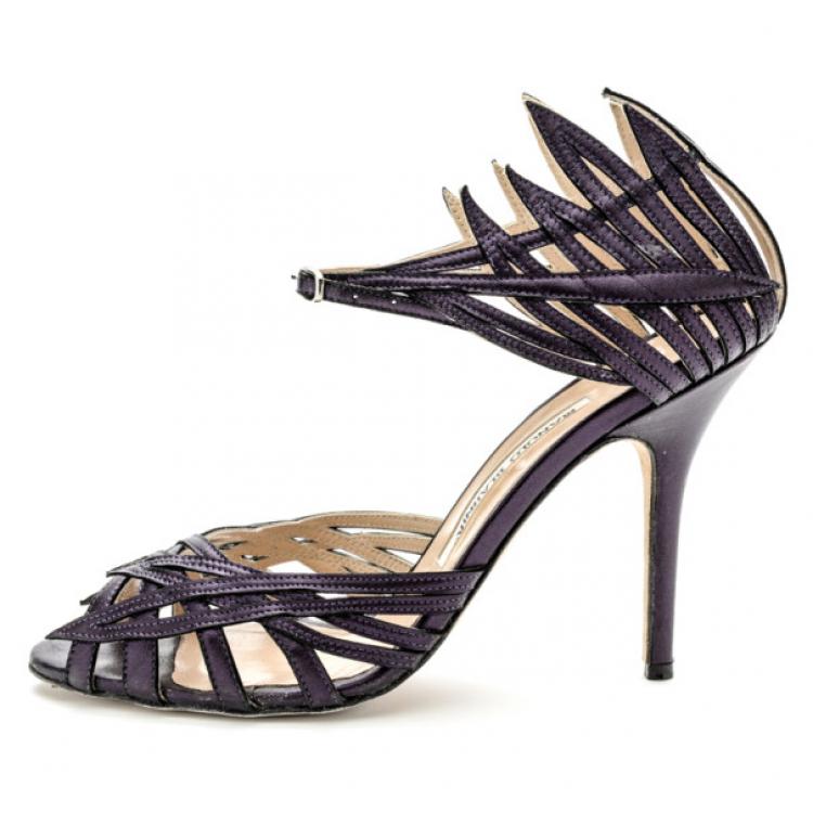 Pre Owned Manolo Blahnik Purple Metallic Strappy Sandals Size 38.5