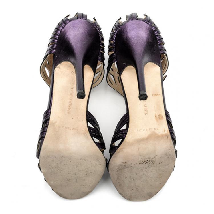 Pre Owned Manolo Blahnik Purple Metallic Strappy Sandals Size 38.5