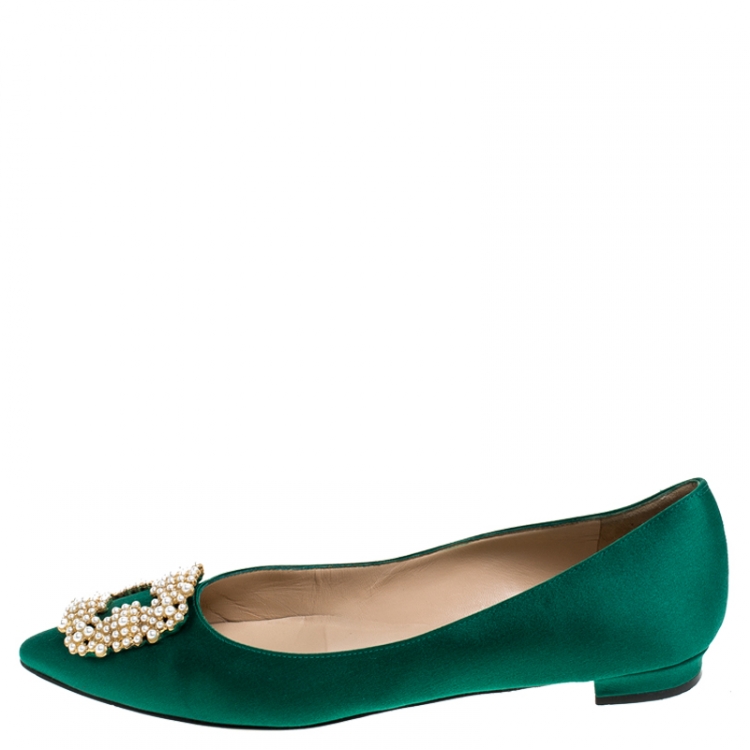 Pre Owned Manolo Blahnik Green Satin Hangisi Ballet Flat Size 39