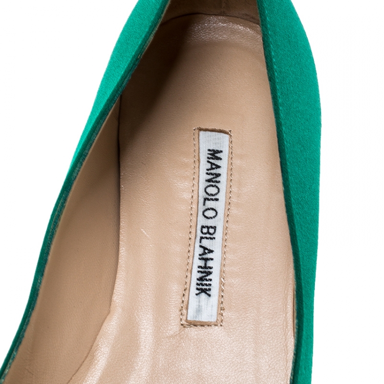 Pre Owned Manolo Blahnik Green Satin Hangisi Ballet Flat Size 39