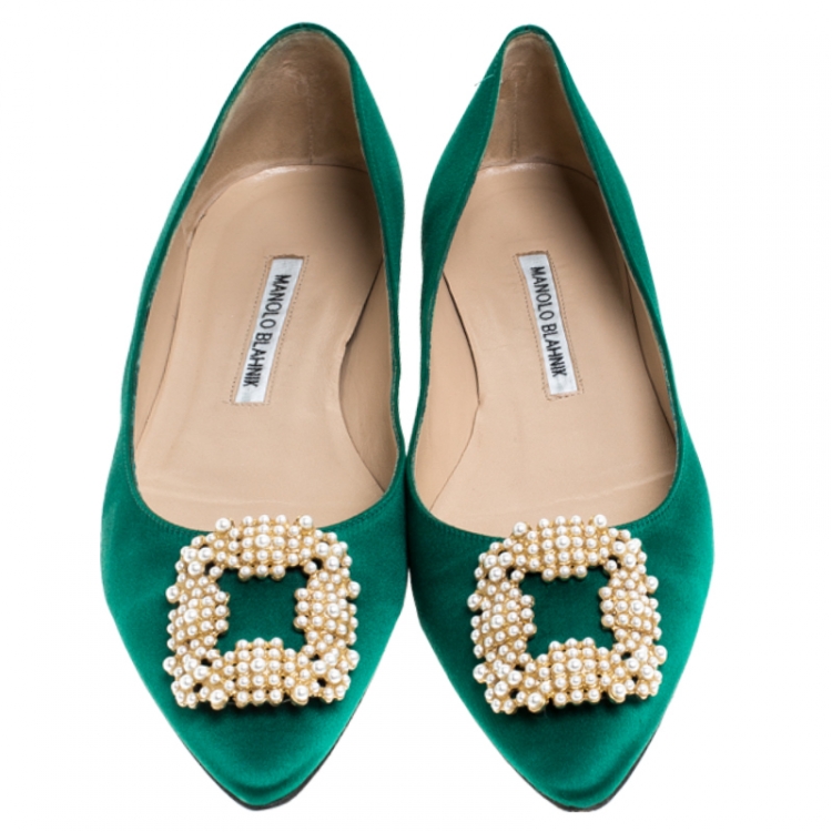 Pre Owned Manolo Blahnik Green Satin Hangisi Ballet Flat Size 39