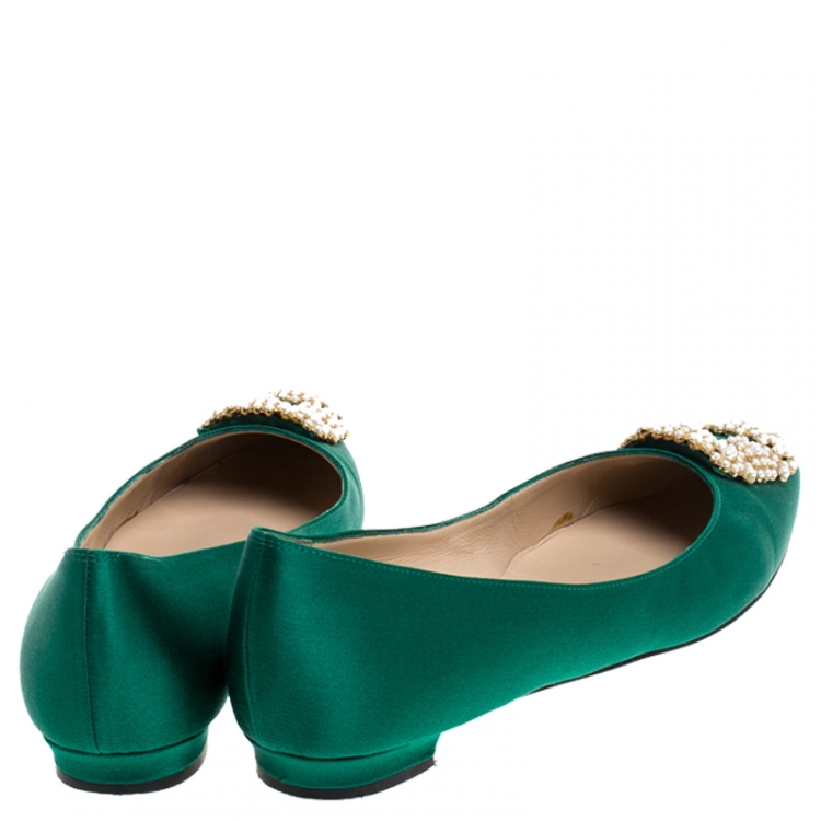 Pre Owned Manolo Blahnik Green Satin Hangisi Ballet Flat Size 39