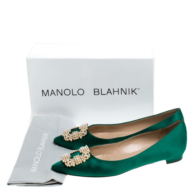 Pre Owned Manolo Blahnik Green Satin Hangisi Ballet Flat Size 39