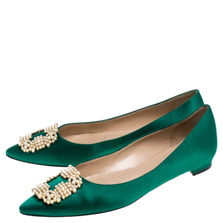 Pre Owned Manolo Blahnik Green Satin Hangisi Ballet Flat Size 39