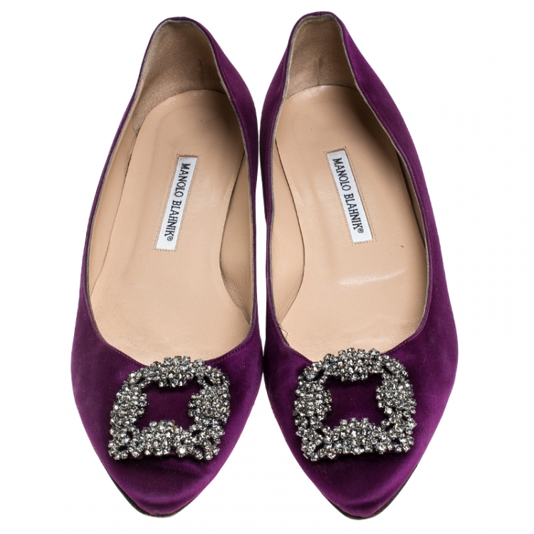 Pre Owned Manolo Blahnik Purple Satin Hangisi Ballet Flats Size 40