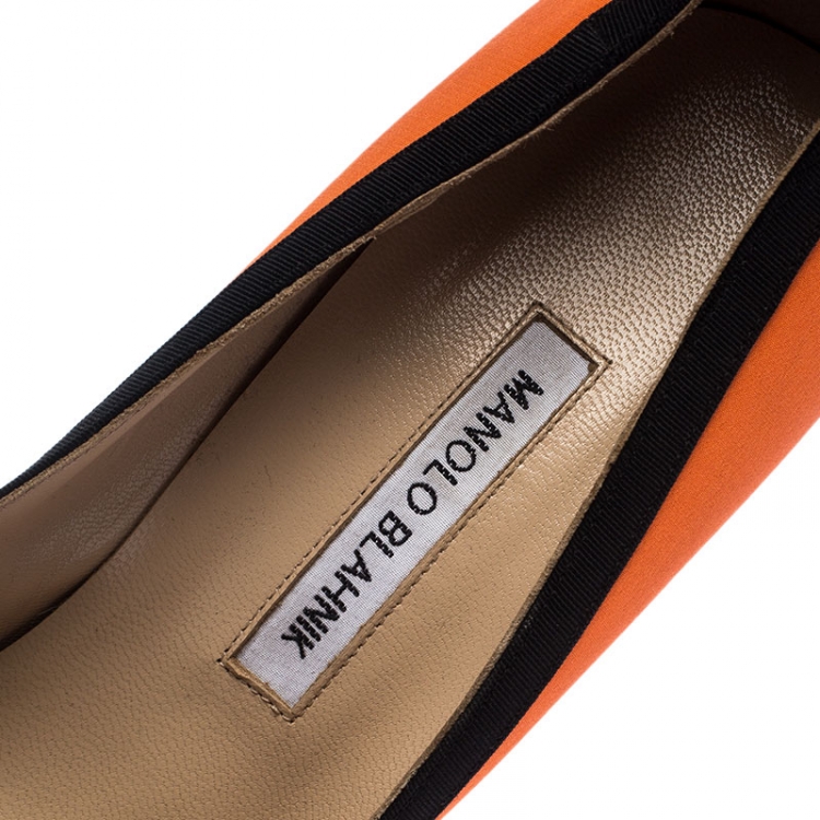 Pre Owned Manolo Blahnik Orange/Black Satin Hangisi Crystal Embellished Pumps Size 40