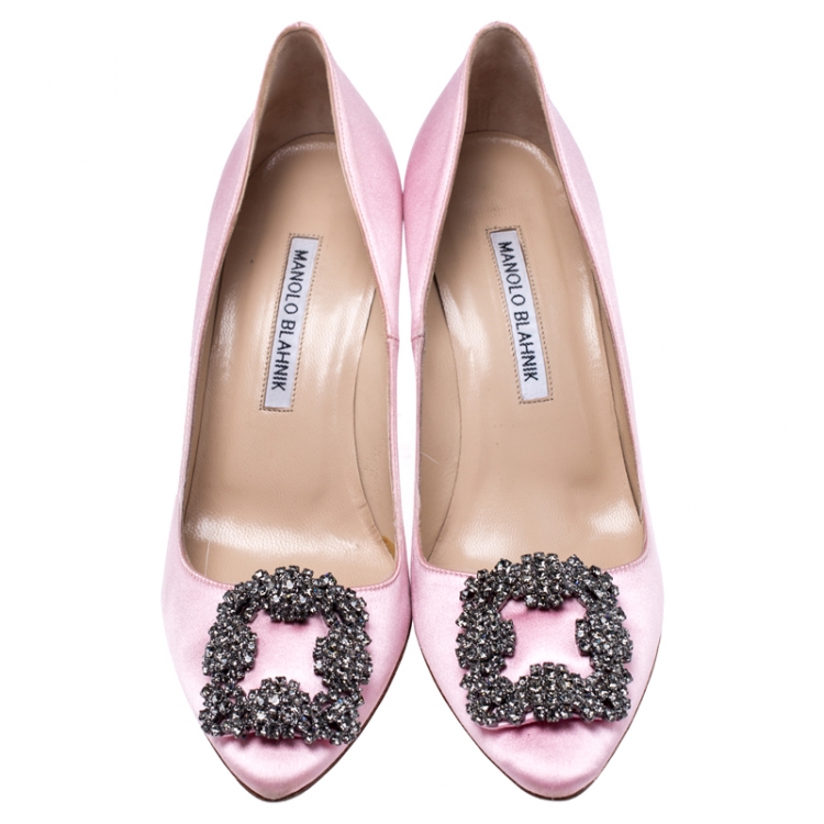 Pre Owned Manolo Blahnik Pink Satin Hangisi Crystal Embellished Pumps Size 36.5